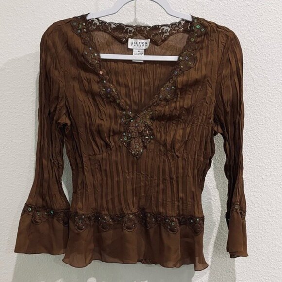 Vintage Tops - Vintage Y2K Fairy Brown Lace Top Pleated Sequins Boho Whimsical Long Sleeve